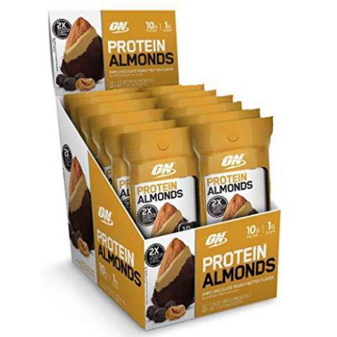 Optimum Nutrition Protein Almonds 1.5oz · Delectably dipped in a whey enriched coating and dusted with cocoa, each pack provides grab and go convenience along with 10 grams of protein to support your nutrition goals. Taste a delicious way to get your protein.