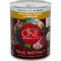 Purina One SmartBlend True Instinct Tender Cuts in Gravy with Real Turkey & Venison Wet Dog Food 13oz · 100% complete and balanced nutrition for adult dogs is made with real turkey and venison and...