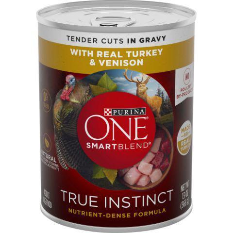 Purina One SmartBlend True Instinct Tender Cuts in Gravy with Real Turkey & Venison Wet Dog Food 13oz · 100% complete and balanced nutrition for adult dogs is made with real turkey and venison and other high-quality ingredients for a meal option or topper your dog will love.