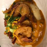Darla’s Crispy Shrimp ＆ Grits · Egg, Bacon and Green Onion Grit Cake, topped with Crispy Fried Shrimp, Red and Green Peppers...
