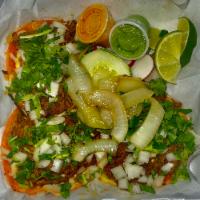 1. Birria Tacos with Consome · 3 red tacos.