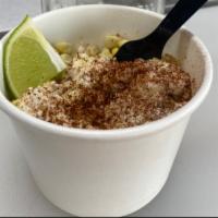Mexican Street Corn in a Cup · Sweet White Corn, Lime infused mayonnaise, Cojita cheese and chilli and a lime wedge 