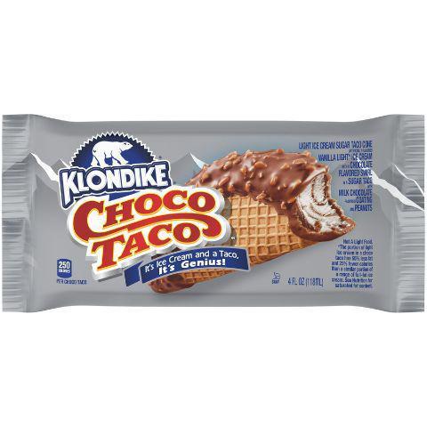 Klondike Choco Taco 4oz · Enjoy vanilla with fudgy swirls wrapped in a delicious, sugar-cone taco — then drenched in a thick, chocolatey coating and sprinkled with peanuts. Ice cream fans and taco lovers can finally come together with this tasty dessert taco.