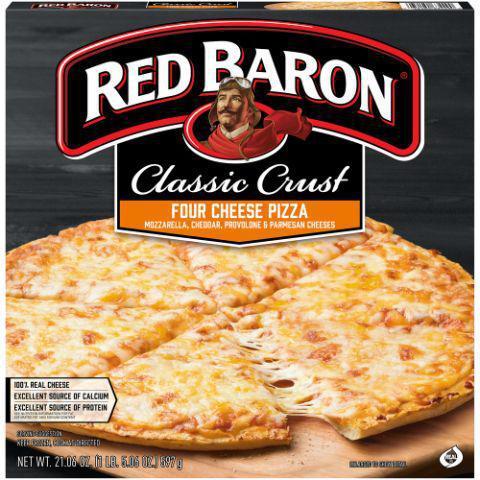 Red Baron Classic 4 Cheese Pizza 21oz · A unique blend of real, premium cheeses atop our perfect, classic golden-brown crust that’s not too thick and not too thin. Because great cheese demands nothing less than the perfect satisfying crunch of this classic crust.