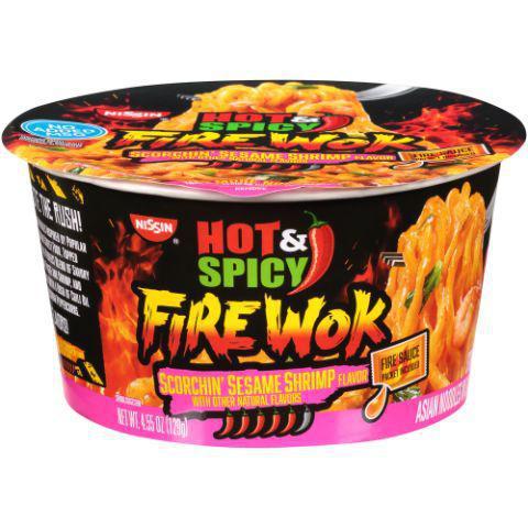 Nissin Fire Wok Scorching Sesame Shrimp 4.55oz · Flavorful Hot & Spicy noodles with added heat for a spicy, flavorful meal. Each bowl includes a Fire Sauce packet to create precisely spiced noodles in sauce (with no added MSG) in only five microwavable minutes. Spicy Scorchin’ Sesame Shrimp flavor.