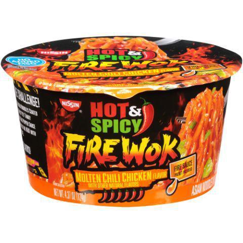 Nissin Fire Wok Molten Chile Chicken 4.37oz · Flavorful Hot & Spicy noodles with added heat for a spicy, flavorful meal. Each bowl includes a Fire Sauce packet to create precisely spiced noodles in sauce (with no added MSG) in only five microwavable minutes. Extra spicy Molten Chili Chicken flavor.