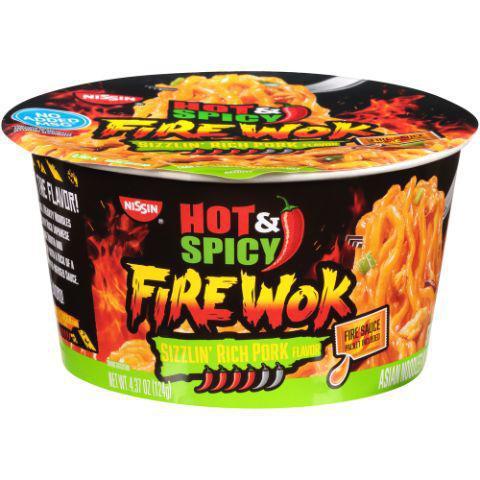 Nissin Fire Wok Sizzling Pork 4.37oz · Flavorful Hot & Spicy noodles with added heat for a spicy, flavorful meal. Each bowl includes a Fire Sauce packet to create precisely spiced noodles in sauce (with no added MSG) in only five microwavable minutes. Spicy Sizzlin’ Rich Pork flavor.