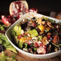 Saltbae Salad · Mixed greens, walnuts, goat cheese, cherry tomatoes, black & golden raisins, english cucumbe...