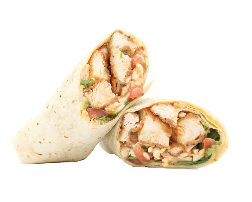 BBQ Wrap · Crispy or grilled chicken, shredded cheese, fried onions, tomato, lettuce blend, and BBQ sauce.