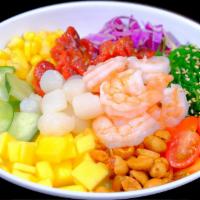 P10. Sea World Bowl · Scallop, shrimp, baby octopus, cherry tomato, sweet corn, cucumber, mango, red cabbage, seaw...