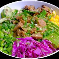 P1. Vegan Ideal Bowl · Tofu, vegetarian chicken, edamame, cucumber, mushroom, sweet corn, cilantro, scallion, red c...