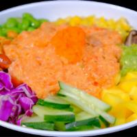 P3. Oasis Bowl · Spicy salmon, edamame, cucumber, sweet corn, cilantro, mango, pickled jalapeños, red cabbage...
