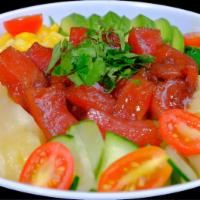 P4. Tuna Bowl · Ahi tuna, cherry tomato, cilantro, pineapple, cucumber, ginger, sweet corn, avocado, seaweed...