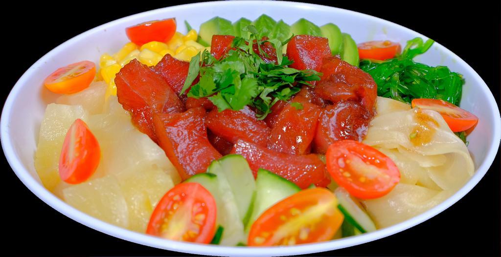 P4. Tuna Bowl · Ahi tuna, cherry tomato, cilantro, pineapple, cucumber, ginger, sweet corn, avocado, seaweed salad, roasted seaweed, and tobiko. Spicy. Raw.