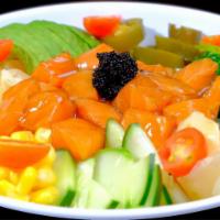 P7. Salmon Breeze Bowl · Ahi salmon, pickled jalapeno, cherry tomato, avocado, cilantro, pineapple, cucumber, seaweed...