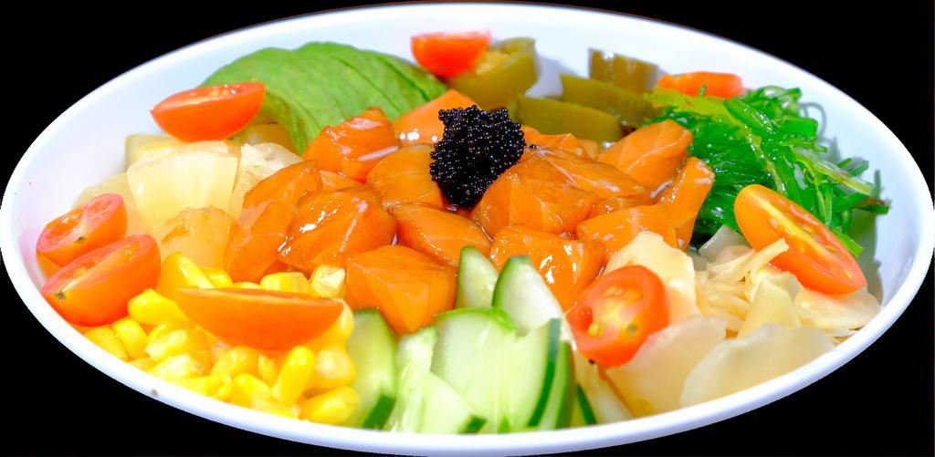 P7. Salmon Breeze Bowl · Ahi salmon, pickled jalapeno, cherry tomato, avocado, cilantro, pineapple, cucumber, seaweed salad, ginger, and tobiko. Spicy. Raw.