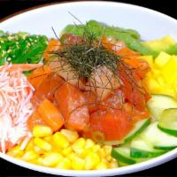 P8. The Triforce Color Bowl · Tuna, yellowtail, salmon, mango, cucumber, avocado, seaweed salad, kani salad, scallion, roa...