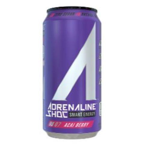Adrenaline Shoc Acai Berry 16oz · High performance natural energy blend of green coffee beans, yerba mate, coffee fruit extract and guarana as well as naturally sourced electrolytes from ocean minerals and 9 essential aminos, including BCAAs, to help with recovery