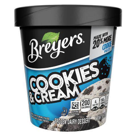 Breyers Oreo Cookies & Cream Pint · Take a milk and cookie break. Enjoy the luxurious swirls of deep chocolate Oreo cookies and waves of Oreo cream in each fluffy spoonful.