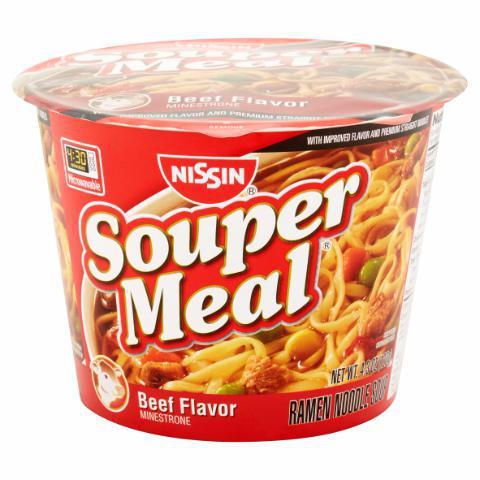 Nissin Souper Meal Beef Minestrone 4.3oz · Curl on up with your crony on your favorite Zamboni and enjoy this minestrone. A quick snack, featuring oodles of noodles, veggies, and beef.