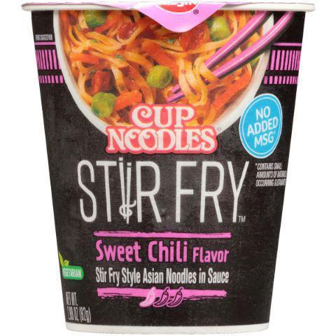 Cup of Noodles Stir Fry Sweet Chili 3oz · Authentic sweet chili flavor tossed with high-quality vegetables like green beans and cabbage and all have no added MSG. Now you can take your favorite Asian dishes on the go in the cup you adore—from the noodle experts you know and love. Vegetarian.