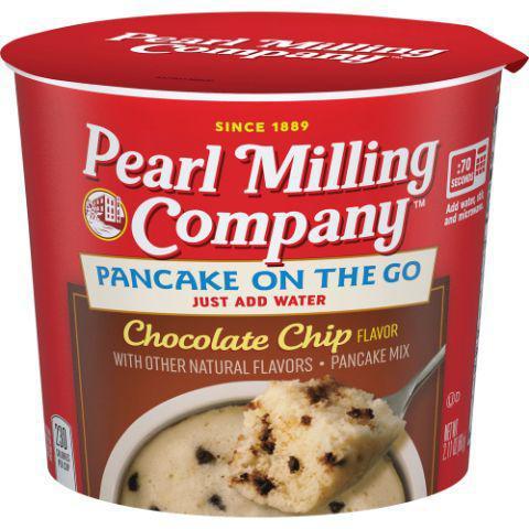 Pearl Milling Company Chocolate Chip Pancake Cup 2.11oz · Making pancakes just got simpler with Aunt Jemima® Chocolate Chip Pancake On The Go cups. Simply add water, stir, and microwave for 70 seconds for a perfectly fluffy pancake in a cup that you can enjoy anytime, anywhere.