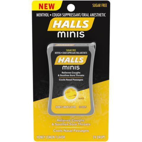 Halls Mini Sugar-Free Honey Lemon 24 Count · HALLS Cough Drops are here to help relieve those irritating coughs and sore throats. In a sugar-free Honey Lemon flavor.