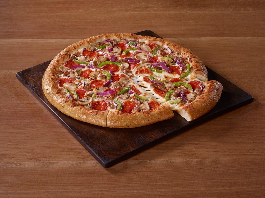 Original Pan Supreme Pizza · This loaded pizza is the perfect choice for family dinner or a lunch with your crew. Includes pepperoni, seasoned pork, beef, mushrooms, green bell peppers and red onions.