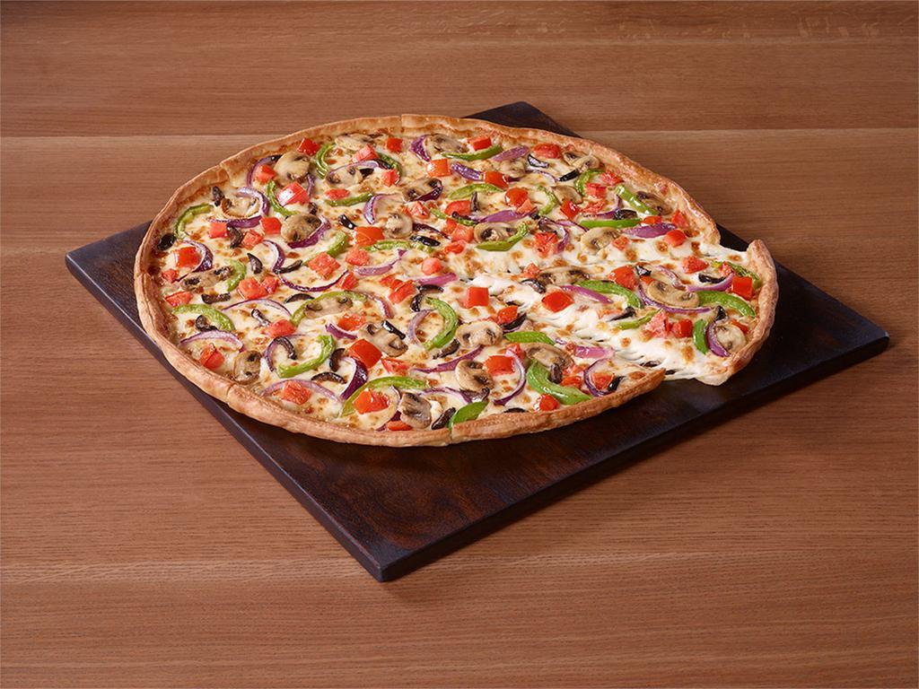 Thin and Crispy Veggie Lover's Pizza · Pizza is officially a vegetable. This garden delight has all the fresh veggie toppings you love: mushrooms, red onions, green bell peppers, Roma tomatoes and black olives.