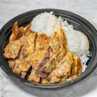 Meat Jun Regular  · 2 scoops rice Marinated Beef Battered with egg served with meat jun sauce 