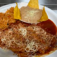 6. Enchilada Combo Plater · 3 corn tortilla rolled around a filling of your choice and covered with our savory red salsa...