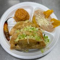 9. Three Pieces Crispy Tacos Combo Plater · Homemade hard shell crispy tacos your choice of: chicken, or ground beef, topped with lettuc...