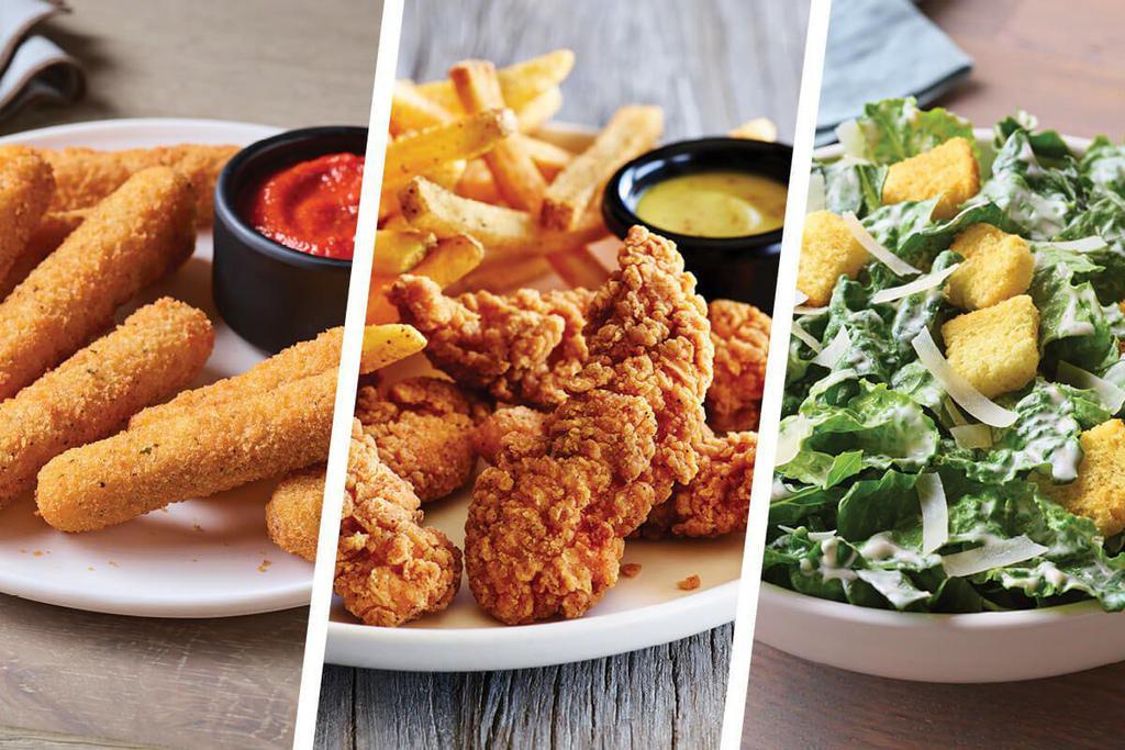 Chicken Tenders Family Bundle ¥ - Feeds 4 · Includes: 
- Mozzarella Sticks
- Chicken Tenders w/Honey Mustard
- Sides: Caesar Salad, 4-Cheese Mac & Cheese, Fries and Slaw.
  
(no substitutions or modifications)