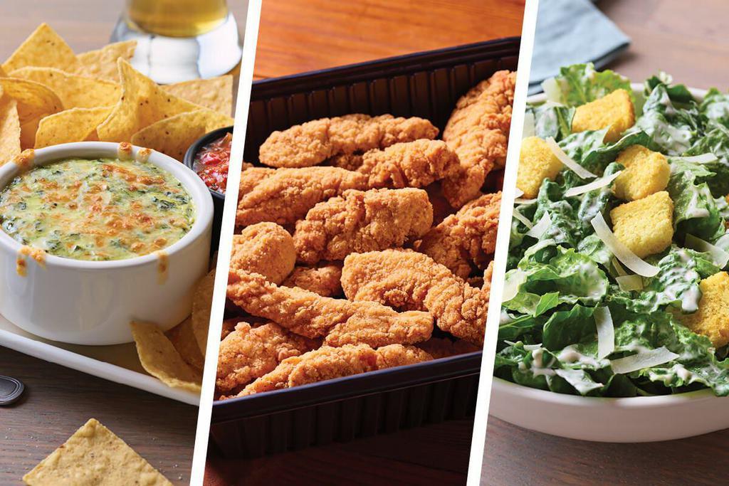 Chicken Tenders Family Bundle ¥ - Serves 6 · Includes: 
- Spinach & Artichoke Dip
- Chicken Tenders w/Honey Mustard
- Sides: Caesar Salad and 4-Cheese Mac & Cheese
  
(no substitutions or modifications)
