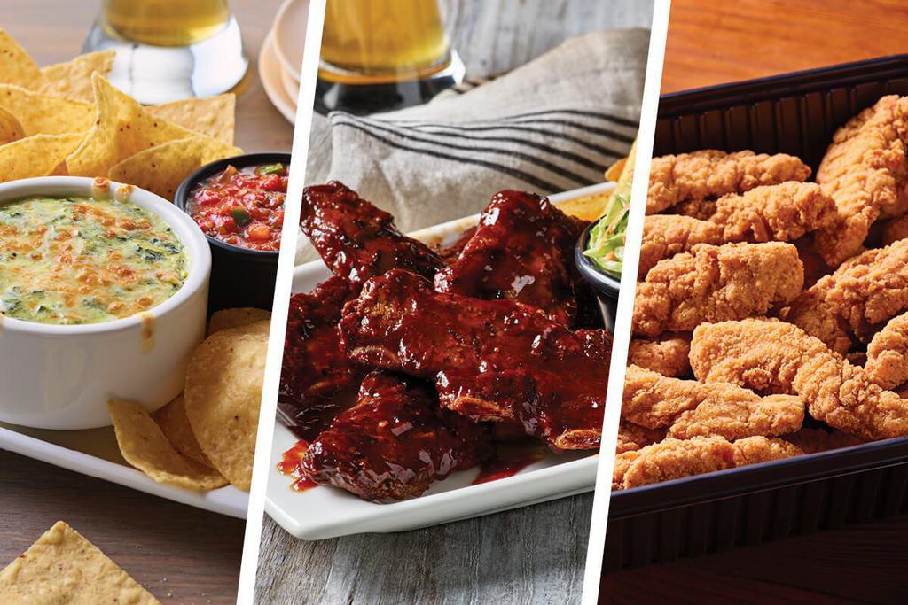 Riblets & Chicken Tenders Combo Family Bundle ¥ - Serves 6-8 · Includes: 
- Spinach & Artichoke Dip
- Applebee's Riblets w/Honey BBQ
- Chicken Tenders w/Honey Mustard
- Sides: Caesar Salad, 4-Cheese Mac & Cheese, Fries and Slaw.
  
(no substitutions or modifications)