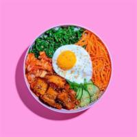 Pork Belly Bibimbap · Pork belly with white rice, kimchi, shredded carrots, cucumber, scallions, sesame seeds, fri...