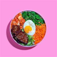 Beef Short Rib Bibimbap · Beef short rib with white rice, kimchi, shredded carrots, cucumber, scallions, sesame seeds,...