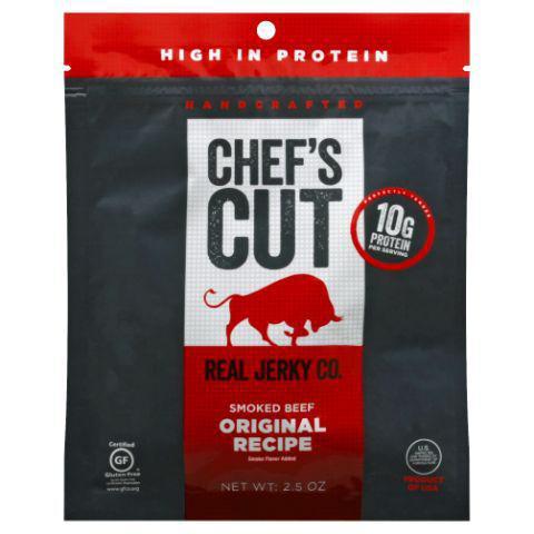 Chef's Cut Original Steak Jerky 2.5oz · Premium cuts of hand-picked beef marinated in soy sauce, horseradish and Worcestershire sauce. A protein packed snack with a perfect blend of salty, spicy and sweet flavors.