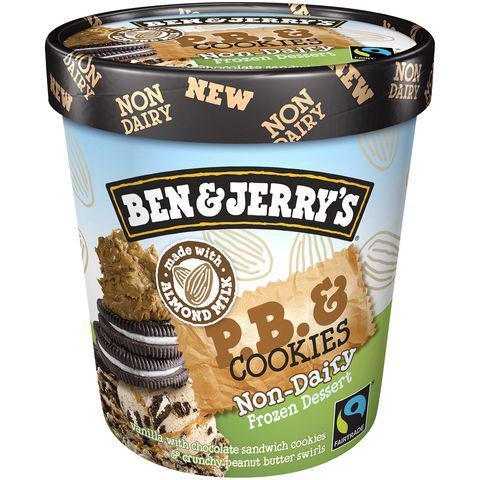 Ben & Jerry's Non Dairy P.B. & Cookies · Vanilla Non-Dairy Certified Vegan Frozen Dessert with Chocolate Sandwich Cookies & Crunchy Peanut Butter Swirls