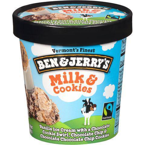 Ben & Jerry's Milk and Cookies Pint · How do you take classic milk-&-cookie goodness to a whole 'nother level of greatness? We don’t really know what that means, but we know this flavor’s loaded with the most euphoric assortment of cookies we ever dunked, chunked & swirled in our ice cream.