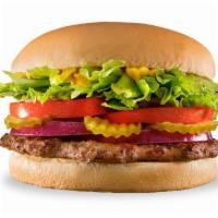 Hungr-Buster® · 1/4lb grilled beef patty topped with crispy lettuce, ripe tomatoes, purple onions, tangy pic...