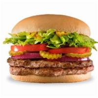 Beltbuster · Two ¼ lb. grilled beef patties topped with crisp lettuce, ripe tomatoes, purple onions, tang...