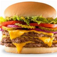Triple-Buster® with Cheese · Three 1/4lb grilled beef patties topped with crispy lettuce, ripe tomatoes, purple onions, t...