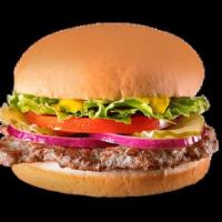 Hungr-Buster Jr. · 1⁄6 lb grilled all-beef patty topped with crisp lettuce, ripe tomatoes, purple onions, tangy...