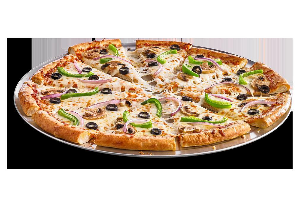 Giant Veggie Pizza · Classic tomato sauce, 100% real cheese, red onions, mushrooms, green peppers and black olives.