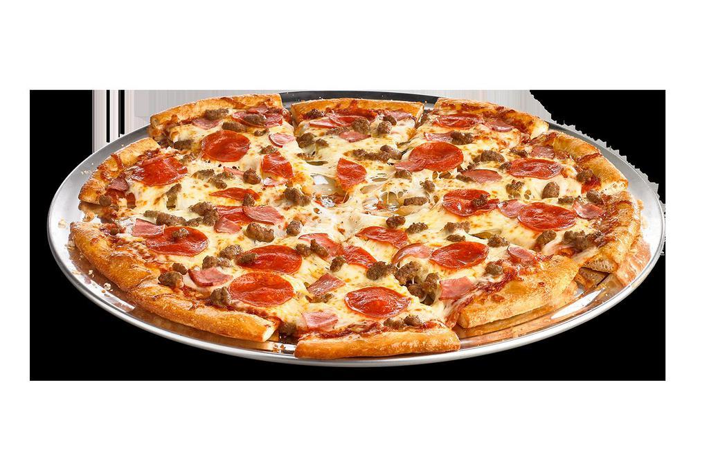 Giant Meat Eater Pizza  · Traditional crust brushed with garlic butter and topped with tomato sauce, 100% real cheese, pepperoni, ham, beef and sausage.
