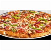 Supreme Giant Pizza · Classic tomato sauce, 100% real cheese, pepperoni, beef, sausage, red onions, green peppers ...