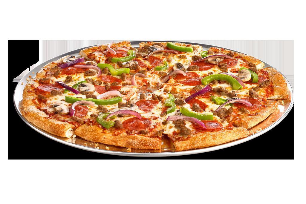 Giant Supreme Pizza · Classic tomato sauce, 100% real cheese, pepperoni, beef, sausage, red onions, green peppers and mushrooms.