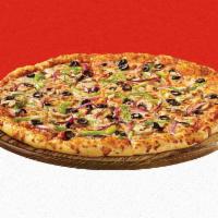 Veggie Pizza · Classic tomato sauce, 100% real cheese, red onions, mushrooms, green peppers, and black oliv...
