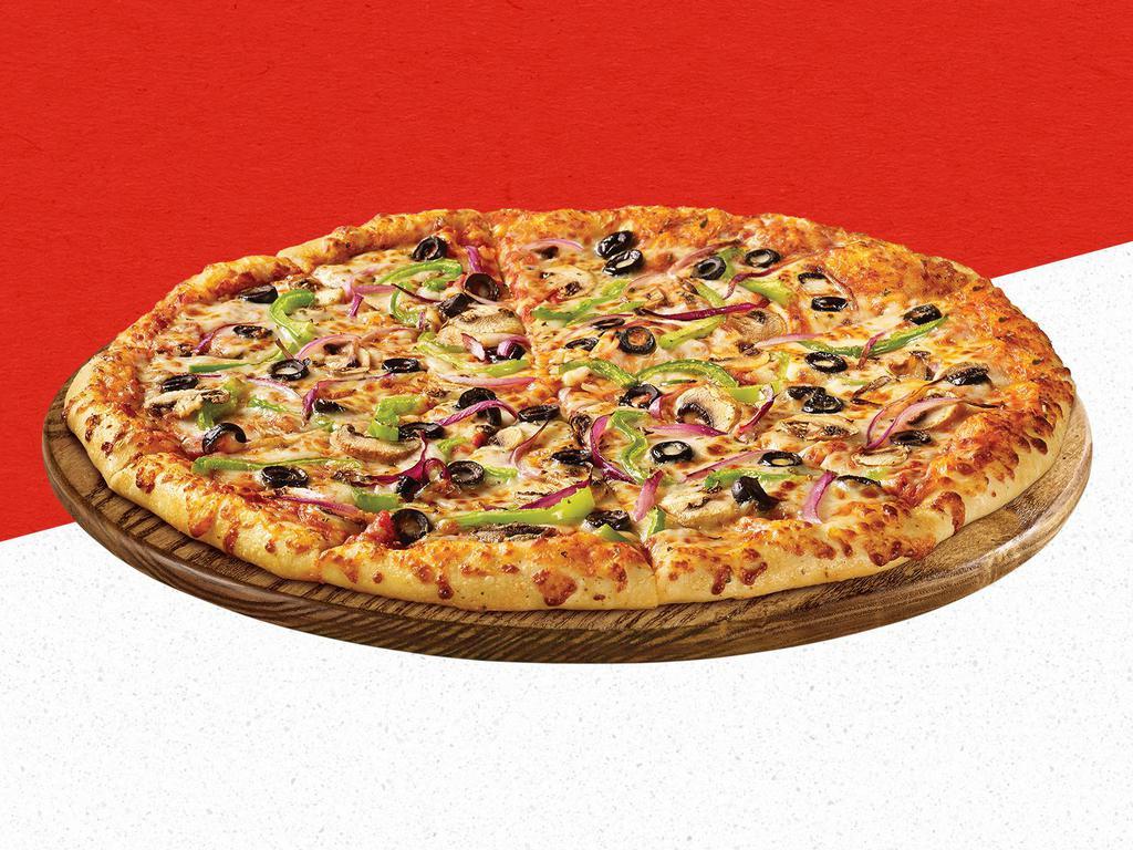 Veggie Pizza · Classic tomato sauce, 100% real cheese, red onions, mushrooms, green peppers, and black olives.